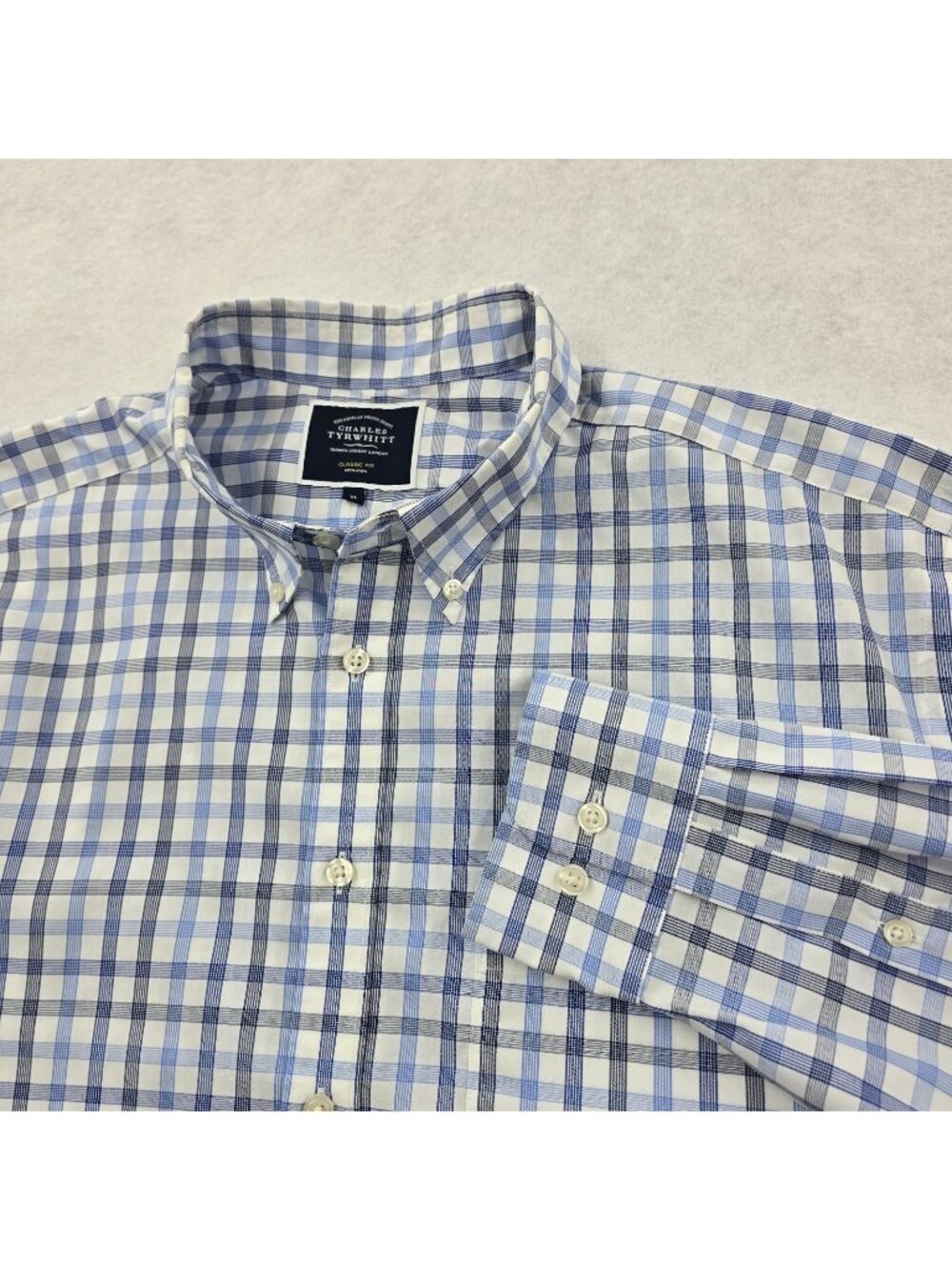 Charles Tyrwhitt Button Down Dress Shirt Size XL Non-Iron Classic Fit Blue Grid